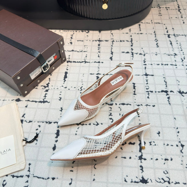 ALAIA SLINGBACKS 5 CM IN WHITE CALFSKIN WITH MESH