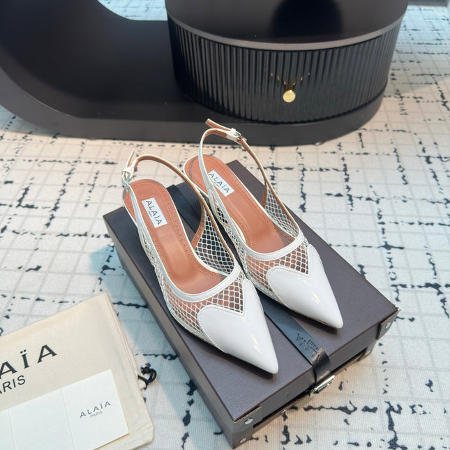 ALAIA SLINGBACKS 5 CM IN WHITE CALFSKIN WITH MESH