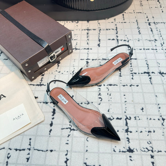 ALAIA FLAT SLINGBACK IN BLACK PATENT CALFSKIN AND FILM