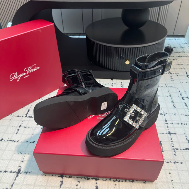 VIV' RANGERS BIKER BOOTIES IN BLACK PATENT CALFSKIN WITH METAL BUCKLE