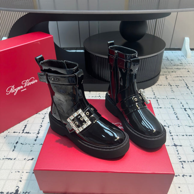 VIV' RANGERS BIKER BOOTIES IN BLACK PATENT CALFSKIN WITH METAL BUCKLE