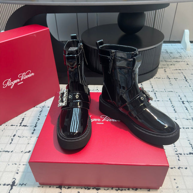 VIV' RANGERS BIKER BOOTIES IN BLACK PATENT CALFSKIN WITH METAL BUCKLE