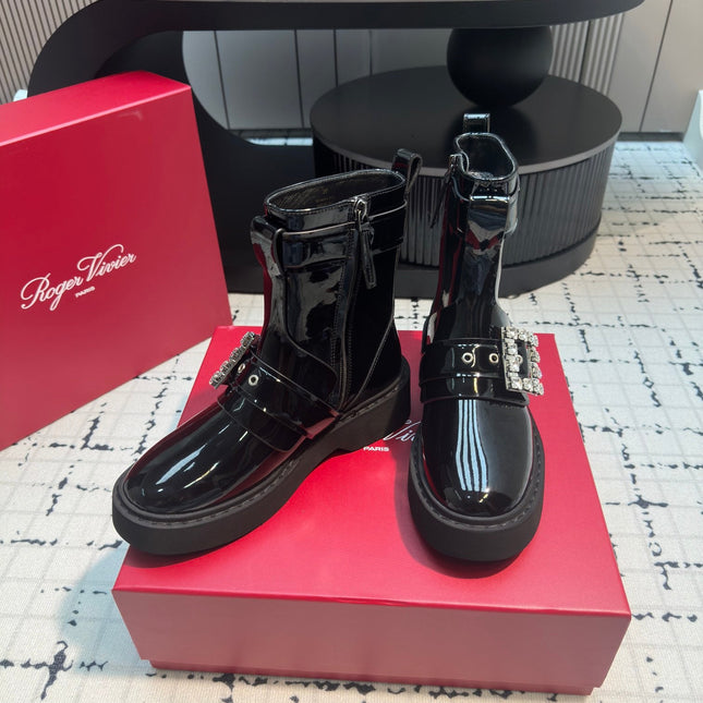VIV' RANGERS BIKER BOOTIES IN BLACK PATENT CALFSKIN WITH METAL BUCKLE