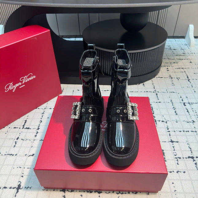 VIV' RANGERS BIKER BOOTIES IN BLACK PATENT CALFSKIN WITH METAL BUCKLE