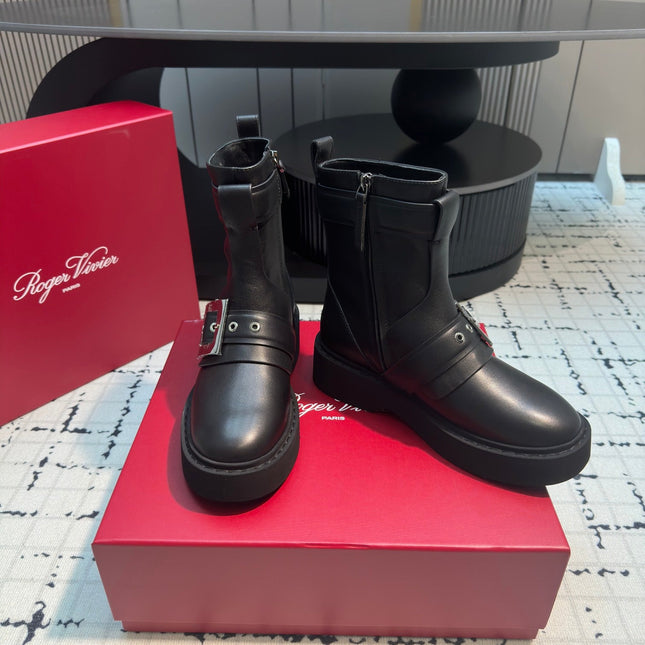 VIV' RANGERS BIKER BOOTIES IN BLACK CALFSKIN WITH METAL BUCKLE