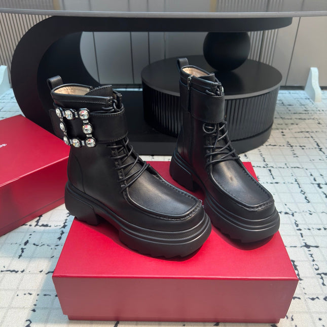 VIV' RANGERS ANKLE BOOTS IN BLACK CALFSKIN STRASS BUCKLE