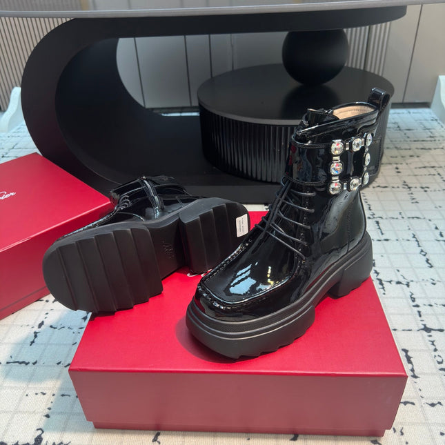 VIV' RANGERS ANKLE BOOTS IN BLACK PATENT LAMBSKIN STRASS BUCKLE