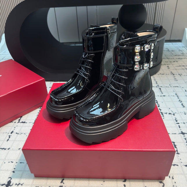 VIV' RANGERS ANKLE BOOTS IN BLACK PATENT LAMBSKIN STRASS BUCKLE