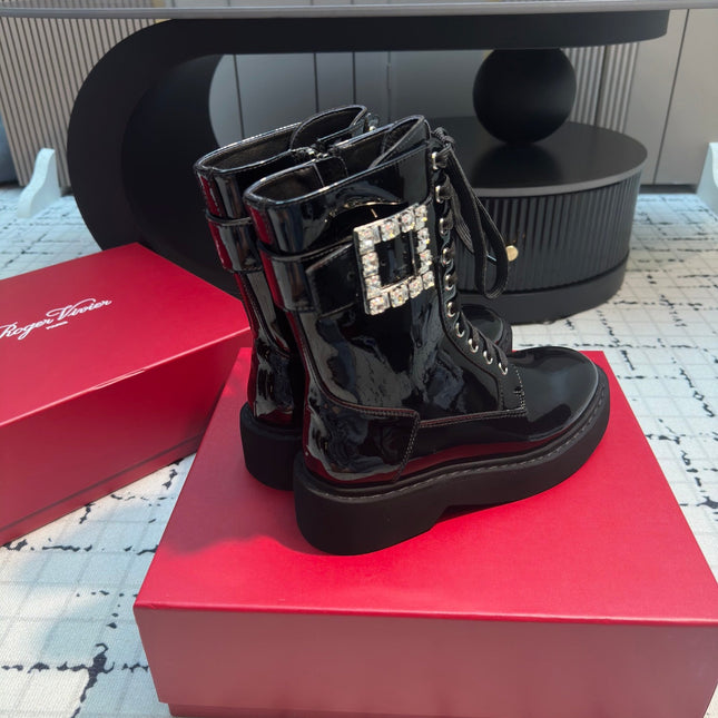 VIV' RANGERS STRASS BUCKLE BOOTS IN BLACK PATNET CALFSKIN EMBELLISHED BUCKLE