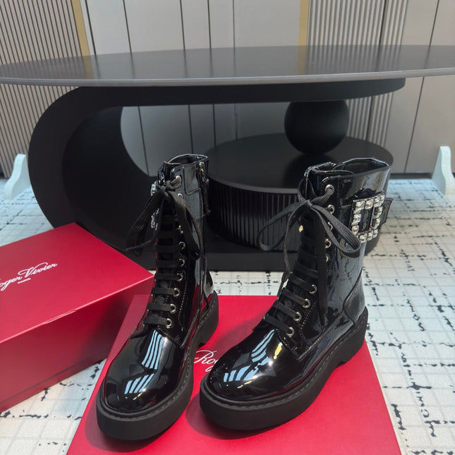 VIV' RANGERS STRASS BUCKLE BOOTS IN BLACK PATNET CALFSKIN EMBELLISHED BUCKLE