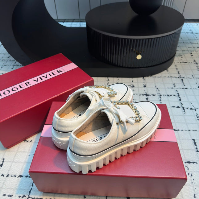 VIV' GO-THICK STRASS BUCKLE SLIP-ON SNEAKERS IN WHITE CANVAS