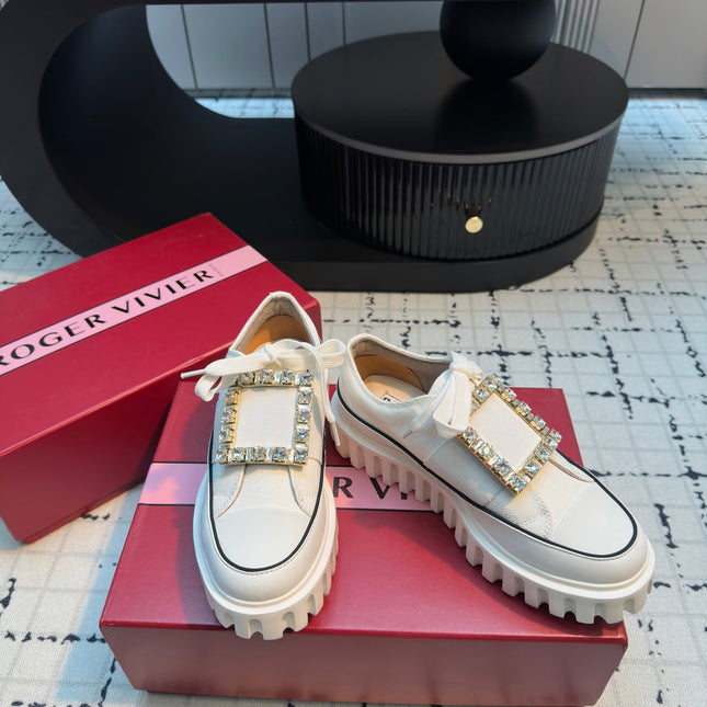 VIV' GO-THICK STRASS BUCKLE SLIP-ON SNEAKERS IN WHITE CANVAS