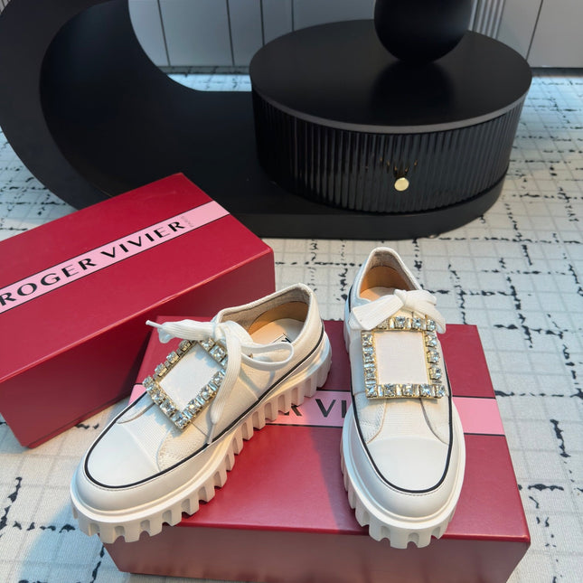 VIV' GO-THICK STRASS BUCKLE SLIP-ON SNEAKERS IN WHITE CANVAS