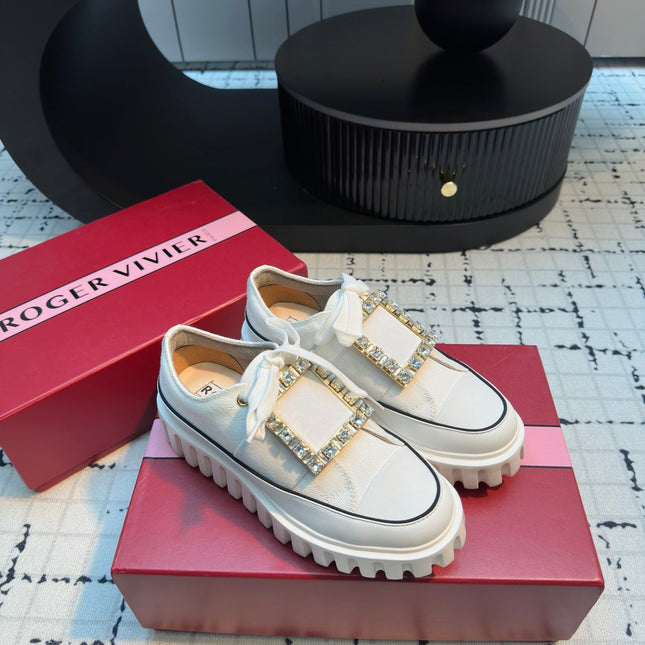 VIV' GO-THICK STRASS BUCKLE SLIP-ON SNEAKERS IN WHITE CANVAS