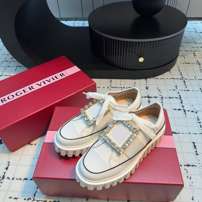 VIV' GO-THICK STRASS BUCKLE SLIP-ON SNEAKERS IN WHITE CANVAS