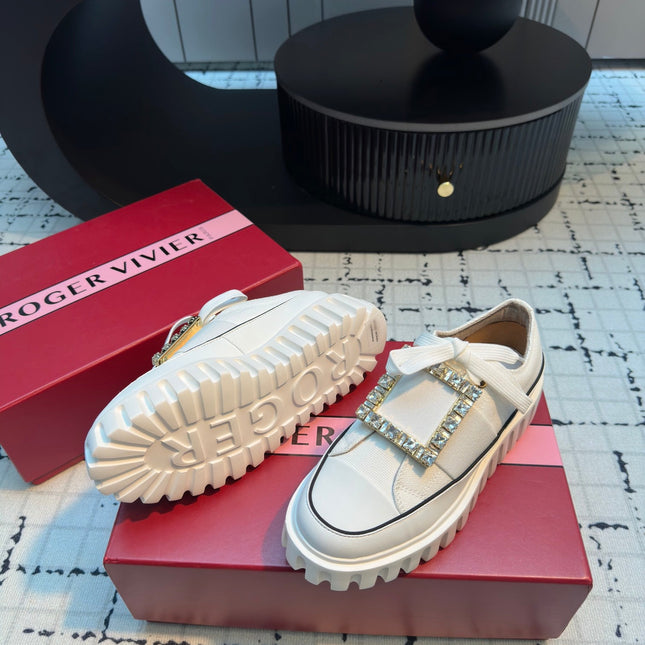 VIV' GO-THICK STRASS BUCKLE SLIP-ON SNEAKERS IN WHITE CANVAS