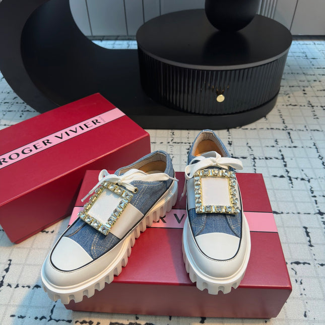 VIV' GO-THICK STRASS BUCKLE SLIP-ON SNEAKERS IN BLUE DENIM