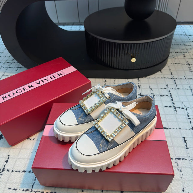 VIV' GO-THICK STRASS BUCKLE SLIP-ON SNEAKERS IN BLUE DENIM