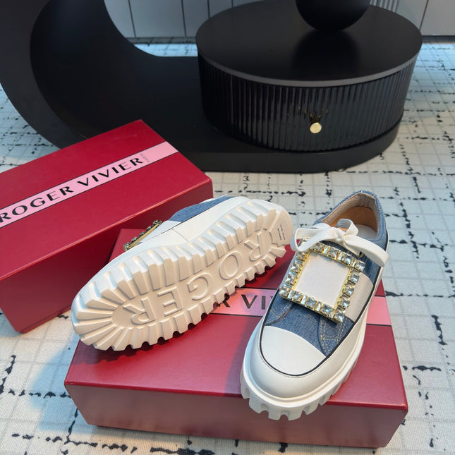 VIV' GO-THICK STRASS BUCKLE SLIP-ON SNEAKERS IN BLUE DENIM