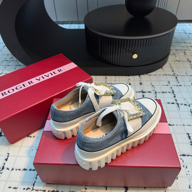 VIV' GO-THICK STRASS BUCKLE SLIP-ON SNEAKERS IN BLUE DENIM