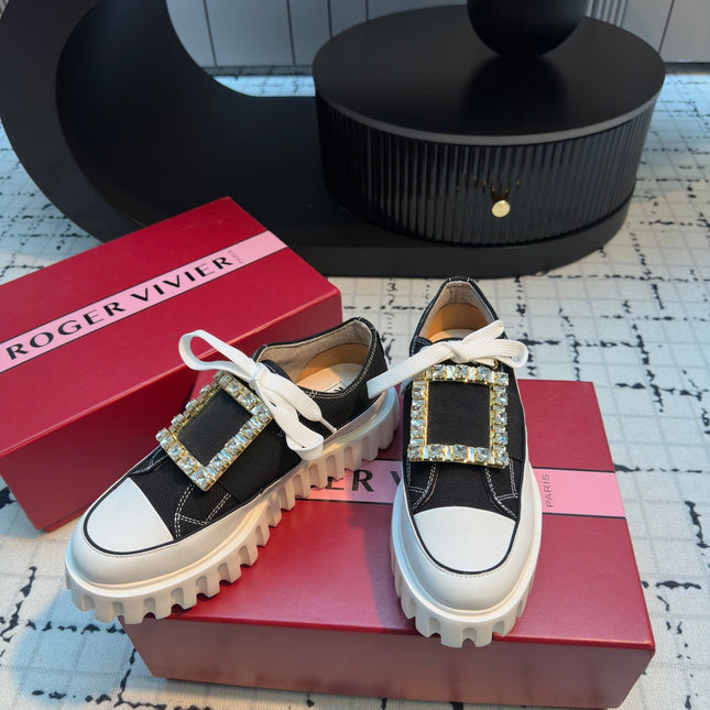 VIV' GO-THICK STRASS BUCKLE SLIP-ON SNEAKERS IN BLACK CANVAS