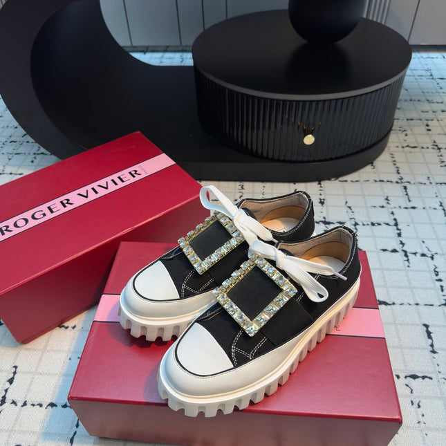 VIV' GO-THICK STRASS BUCKLE SLIP-ON SNEAKERS IN BLACK CANVAS