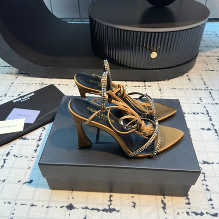 HIGH HEEL SANDALS WITH SHINY RHINESTONES STRAP IN GOLDEN BROWN SILK