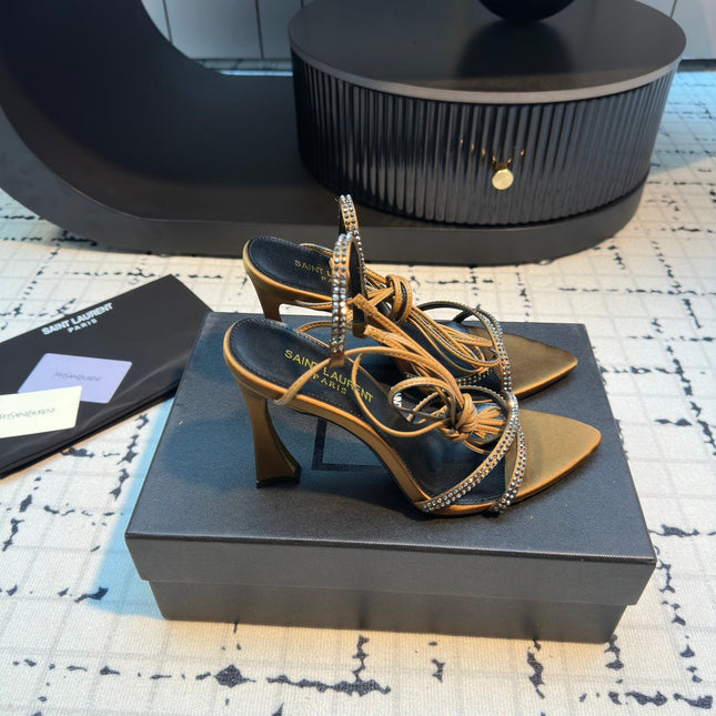 HIGH HEEL SANDALS WITH SHINY RHINESTONES STRAP IN GOLDEN BROWN SILK