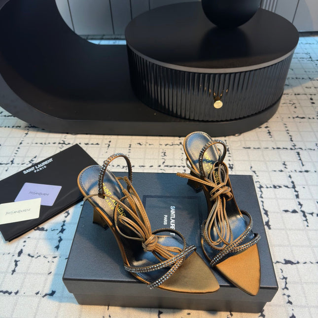 HIGH HEEL SANDALS WITH SHINY RHINESTONES STRAP IN GOLDEN BROWN SILK