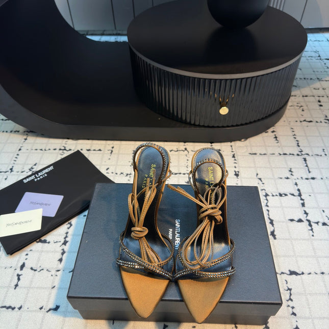 HIGH HEEL SANDALS WITH SHINY RHINESTONES STRAP IN GOLDEN BROWN SILK