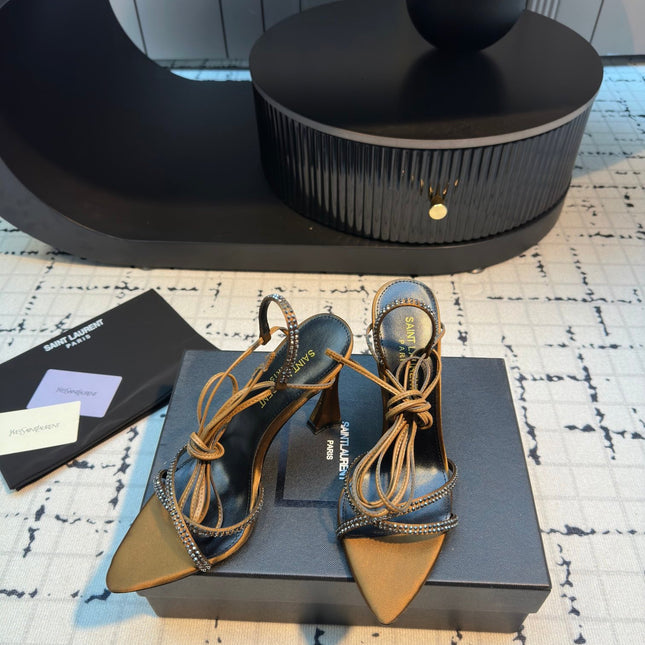 HIGH HEEL SANDALS WITH SHINY RHINESTONES STRAP IN GOLDEN BROWN SILK