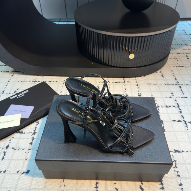 HIGH HEEL SANDALS WITH SHINY RHINESTONES STRAP IN BLACK SILK