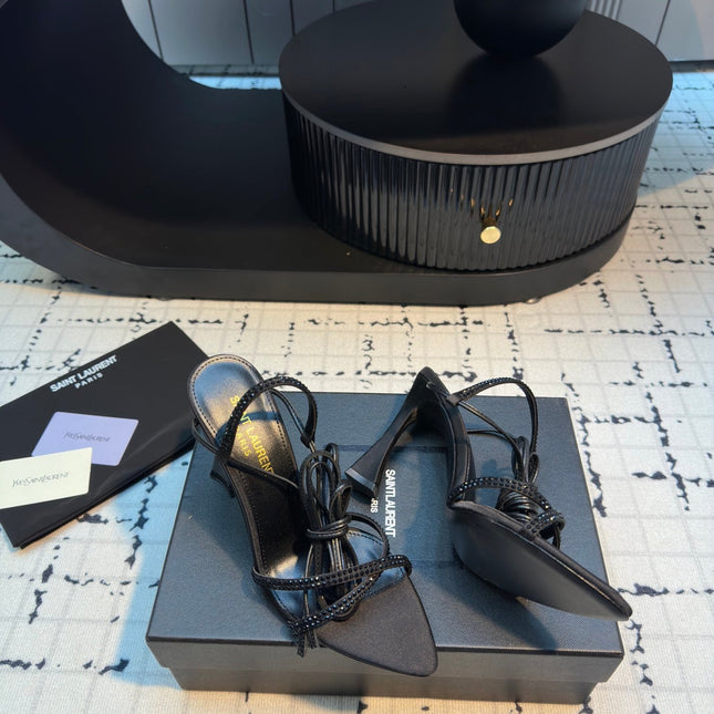 HIGH HEEL SANDALS WITH SHINY RHINESTONES STRAP IN BLACK SILK