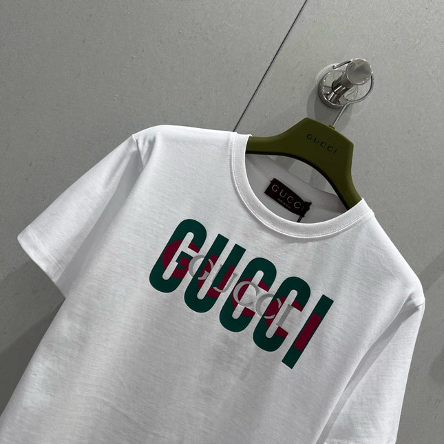 Gucci 2025 Print Short Sleeve T-shirt White Green Red Cotton
