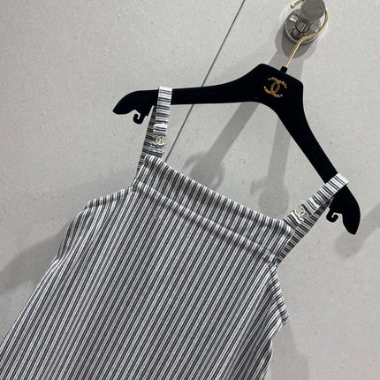 CC 25 Striped Suspender Skirt Gray White Cotton