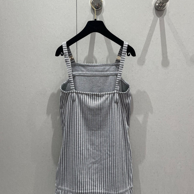CC 25 Striped Suspender Skirt Gray White Cotton