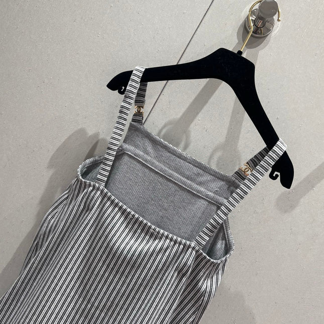 CC 25 Striped Suspender Skirt Gray White Cotton