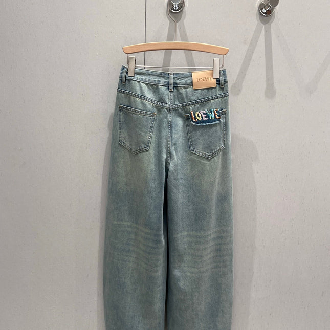 Loewe 25 Colorful Embroidered Scimitar Jeans Blue Cotton 217978