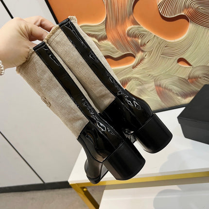 HIGH BOOTS 5.5 CM IN BLACK LAMBSKIN AND BEIGE FABRIC