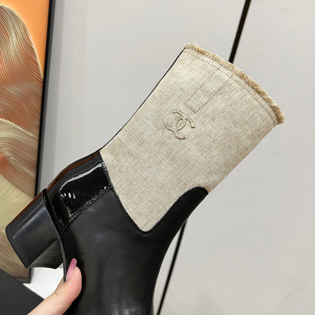 HIGH BOOTS 5.5 CM IN BLACK LAMBSKIN AND BEIGE FABRIC