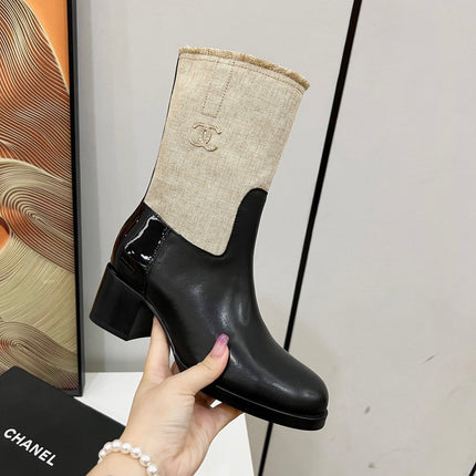 HIGH BOOTS 5.5 CM IN BLACK LAMBSKIN AND BEIGE FABRIC