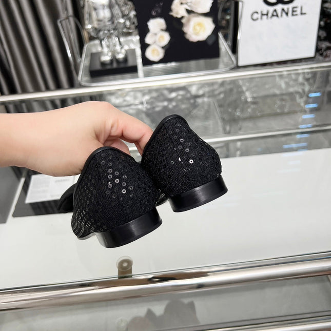 CHANEL 25S ROUND TOE BALLET FLATS WITH A BOW IN SPARKLING BLACK CANVAS