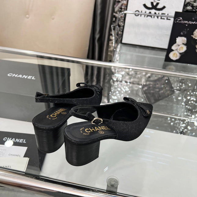 CHANEL 25S SANDALS WITH A BOW 60MM IN SPARKLING BLACK CANVAS