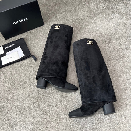 CHANEL 25S HIGH BOOTS 55MM IN BLACK SUEDE AND CANVAS GOLD HARDWRE