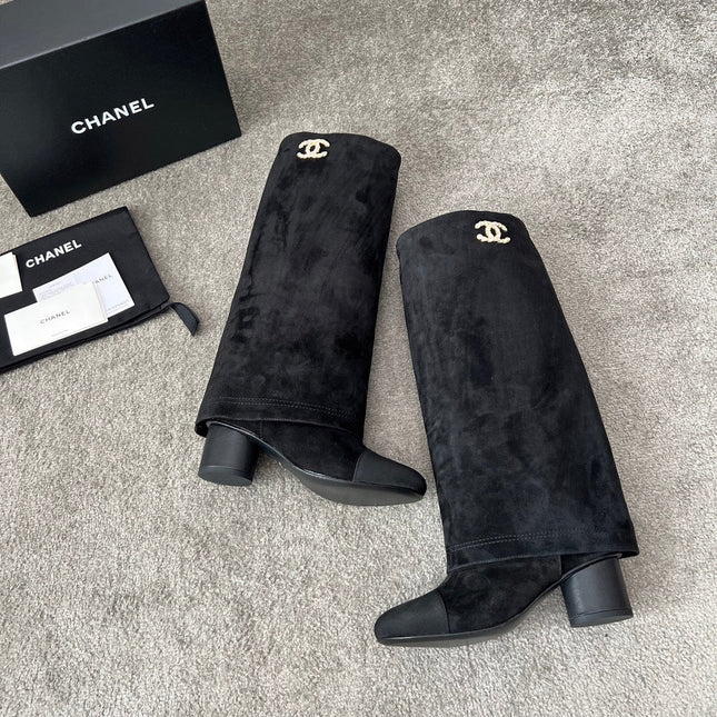 CHANEL 25S HIGH BOOTS 55MM IN BLACK SUEDE AND CANVAS GOLD HARDWRE