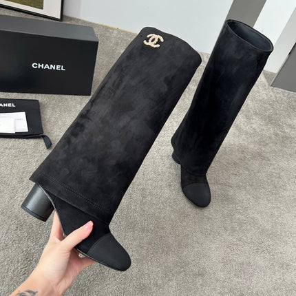 CHANEL 25S HIGH BOOTS 55MM IN BLACK SUEDE AND CANVAS GOLD HARDWRE