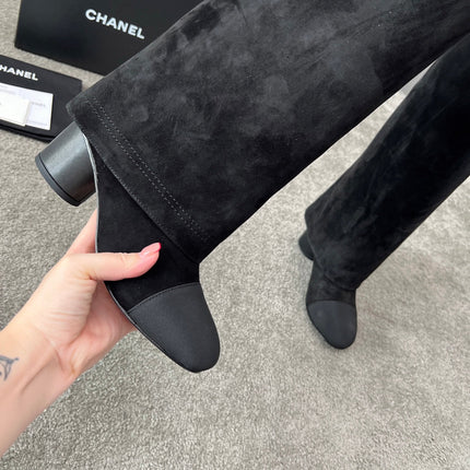CHANEL 25S HIGH BOOTS 55MM IN BLACK SUEDE AND CANVAS GOLD HARDWRE