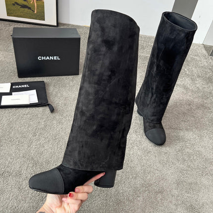 CHANEL 25S HIGH BOOTS 55MM IN BLACK SUEDE AND CANVAS GOLD HARDWRE