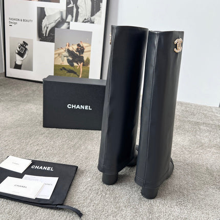 CHANEL 25S HIGH BOOTS 55MM IN BLACK CALFSKIN AND CANVAS GOLD HARDWRE