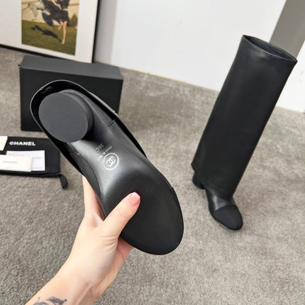 CHANEL 25S HIGH BOOTS 55MM IN BLACK CALFSKIN AND CANVAS GOLD HARDWRE